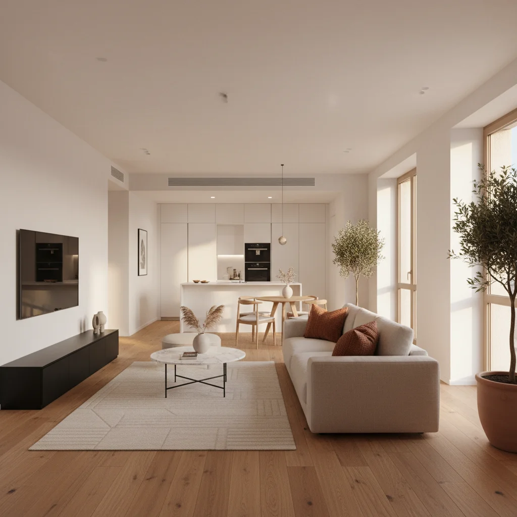 Salón reformado con acabados modernos en Barcelona